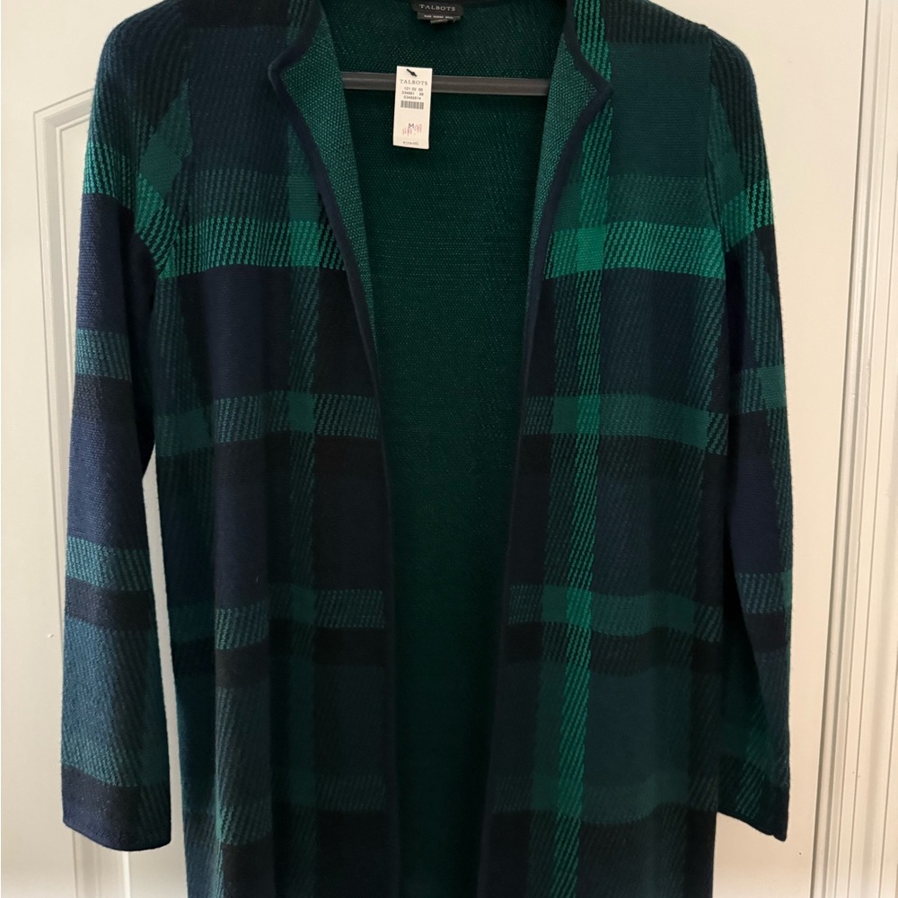 Talbots Green and Navy Plaid Open-Front Cardigan
